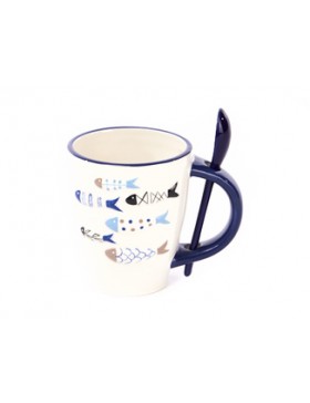 Mug 'Poisson' + cuillère - Blanc & bleu - Ø8,5cm