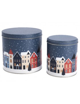 Boîte Biscuits métal ronde - Ø10*11,5cm - Maisons de Noël Bleues