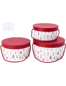 Boîte à chapeau carton avec cordelette - Ø18*9cm - Sapins de Noël